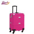 Pink Extra Large Space Storage Beauty Box Leather Wheeled Rolling Makeup Artist Travel Case Train Case Hairdresser Box Mirror